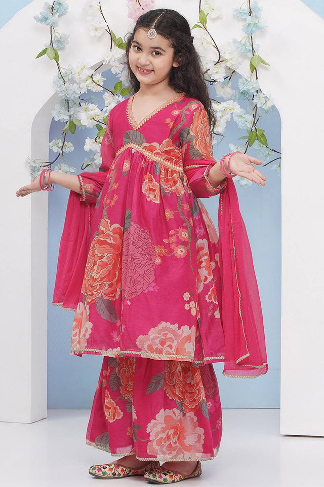 Girl's Pink Floral Printed Silk Kurta Set
