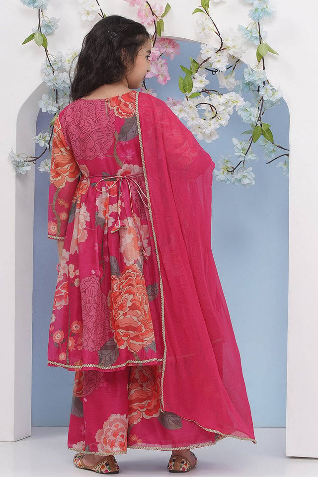 Girl's Pink Floral Printed Silk Kurta Set