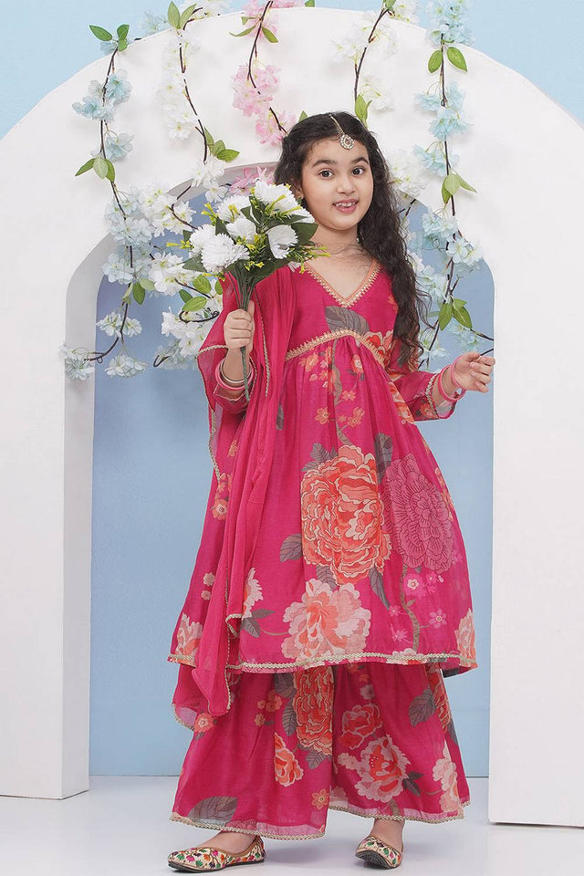 Girl's Pink Floral Printed Silk Kurta Set