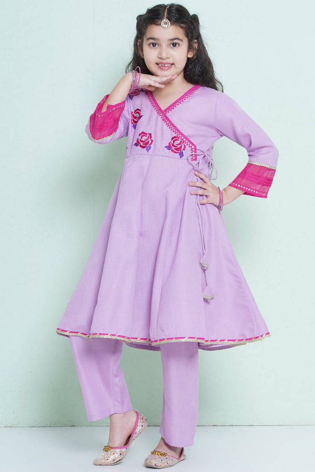 Girl's Violet Embroidered Cotton Kurta Set