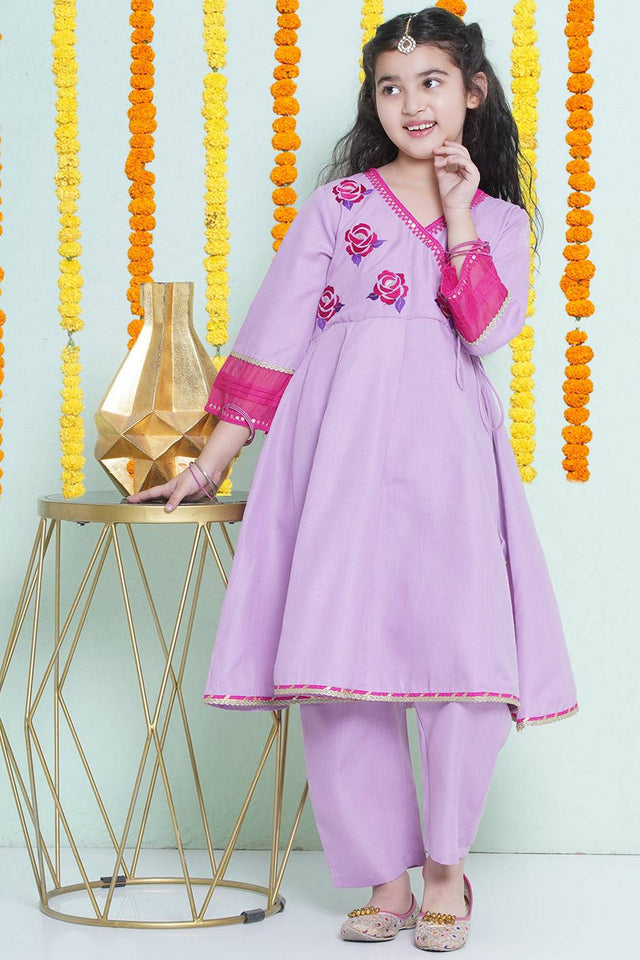 Girl's Violet Embroidered Cotton Kurta Set