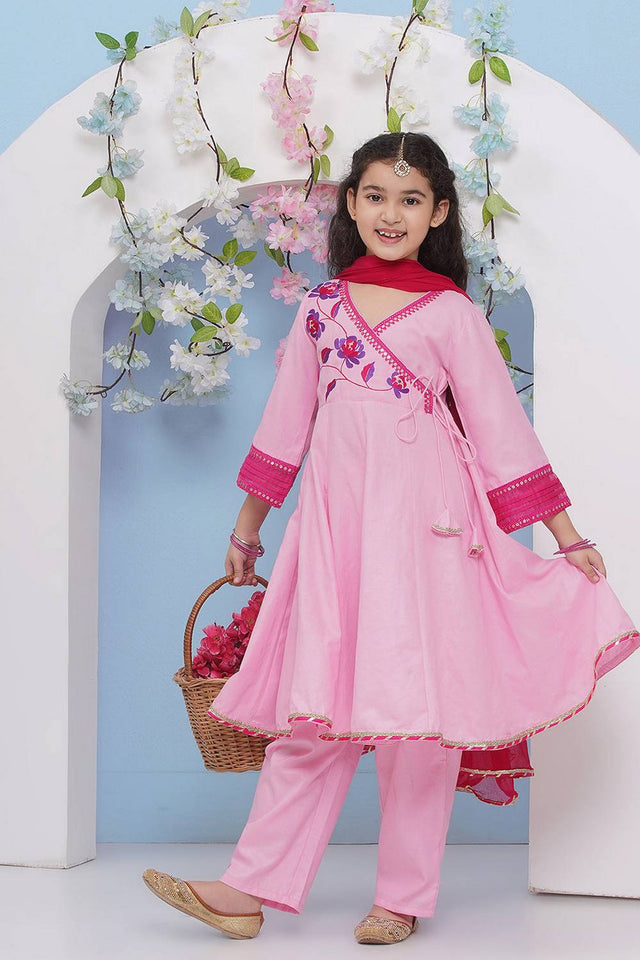 Girl's Pink Embroidered Cotton Kurta Set
