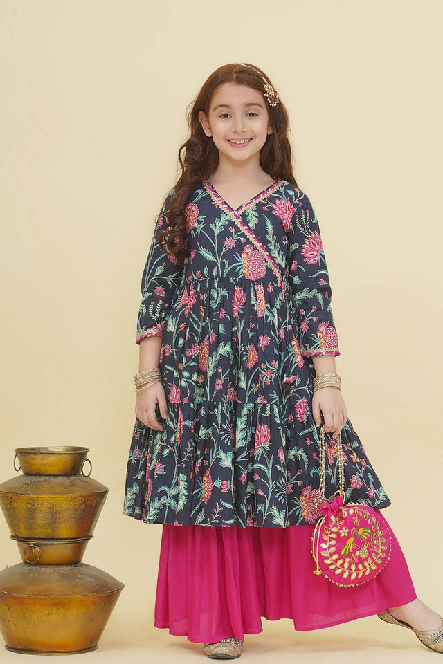 Girl's Blue Floral Printed Cotton Kurta Set