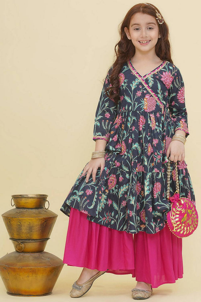 Girl's Blue Floral Printed Cotton Kurta Set