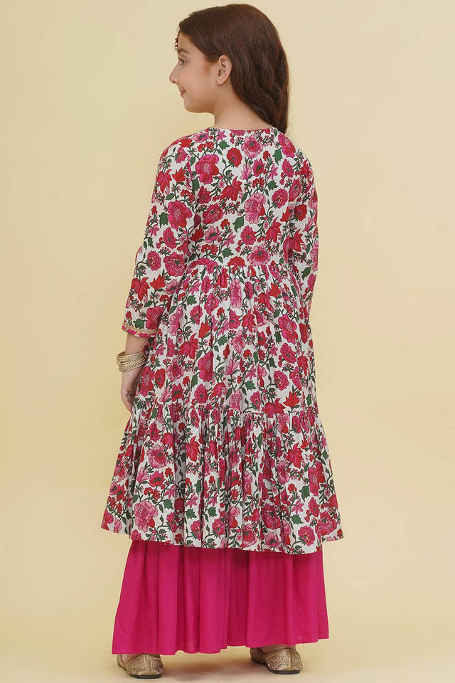 Girl's White Floral Printed Cotton Kurta Set