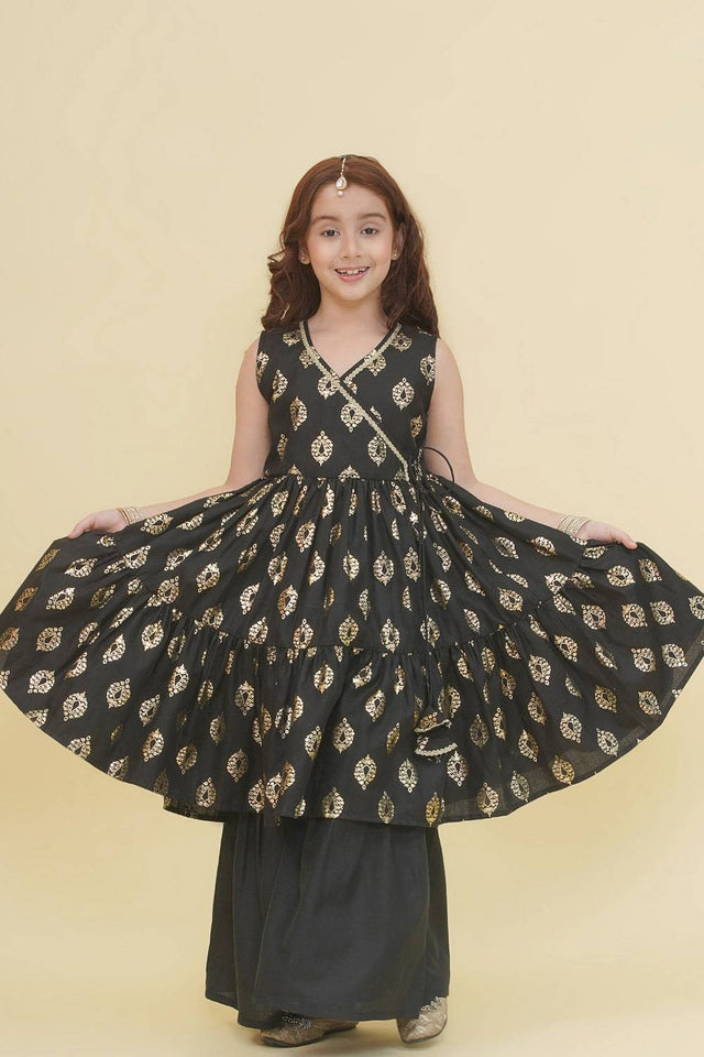Girl's Black Foil Printed Cotton Kurta Set