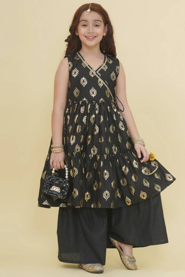Girl's Black Foil Printed Cotton Kurta Set