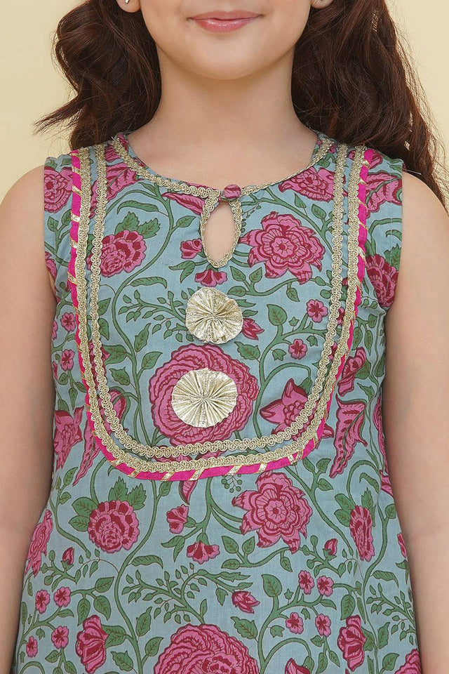 Girl's Blue Floral Printed Cotton Kurta Set
