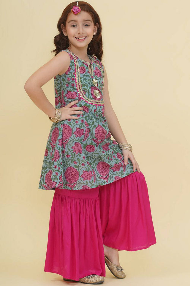 Girl's Blue Floral Printed Cotton Kurta Set