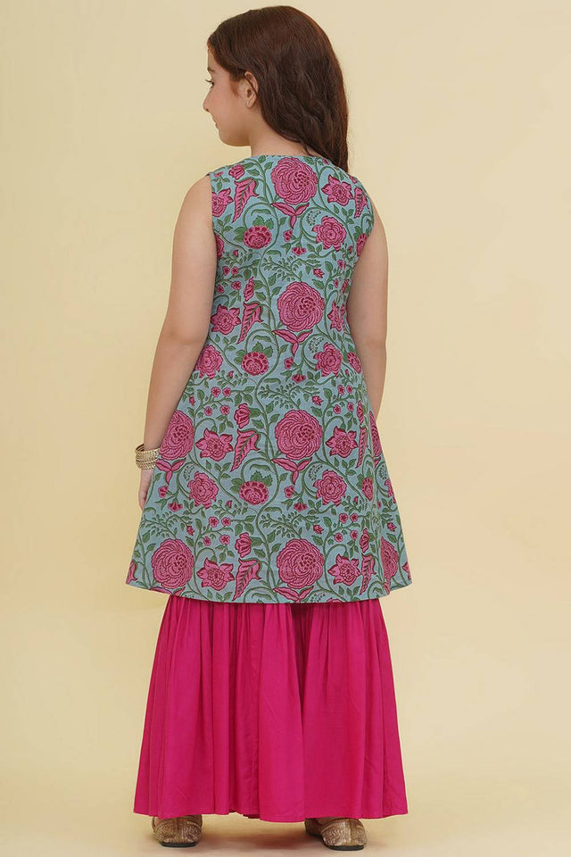 Girl's Blue Floral Printed Cotton Kurta Set