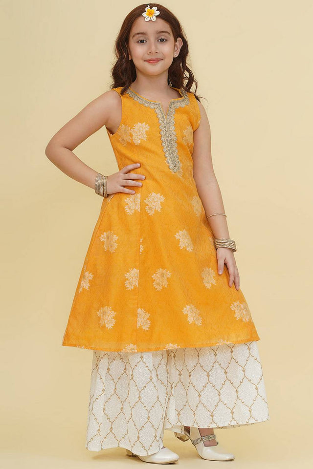 Girl's Yellow Floral Printed Silk Kurta Set