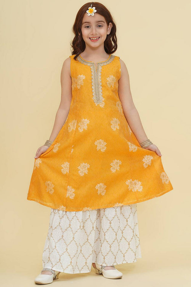 Girl's Yellow Floral Printed Silk Kurta Set