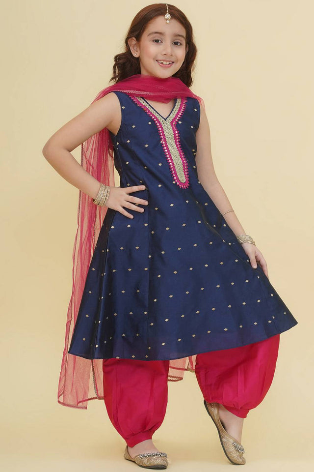 Girl's Blue Woven Silk Kurta Set