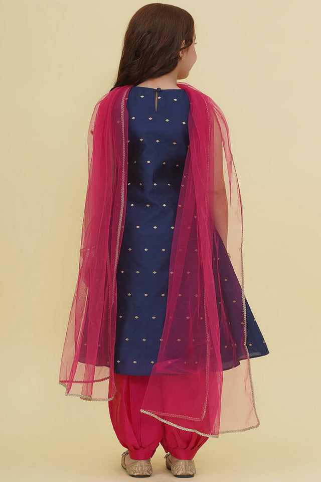 Girl's Blue Woven Silk Kurta Set