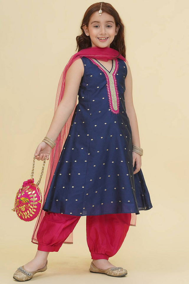 Girl's Blue Woven Silk Kurta Set