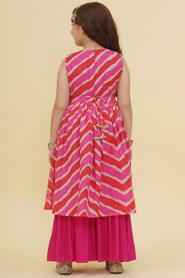 Girl's Pink Leheriya Printed Silk Kurta Set