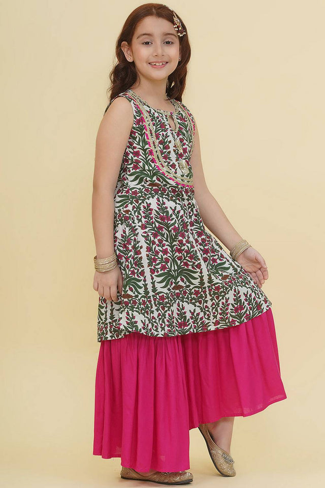 Girl's Multi-Color Floral Printed Cotton Kurta Set