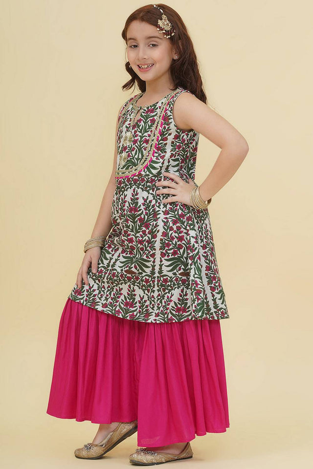 Girl's Multi-Color Floral Printed Cotton Kurta Set