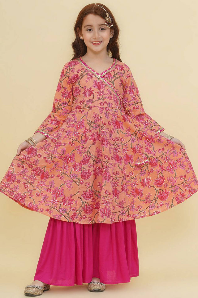 Girl's Peach Floral Printed Cotton Kurta Set