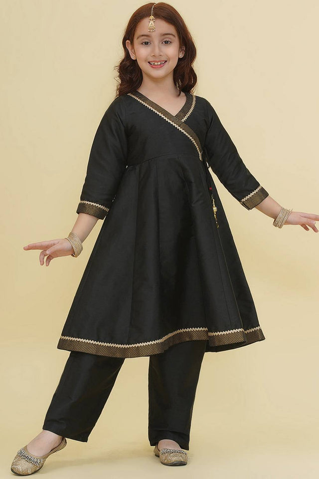 Girl's Black Solid Silk Kurta Set