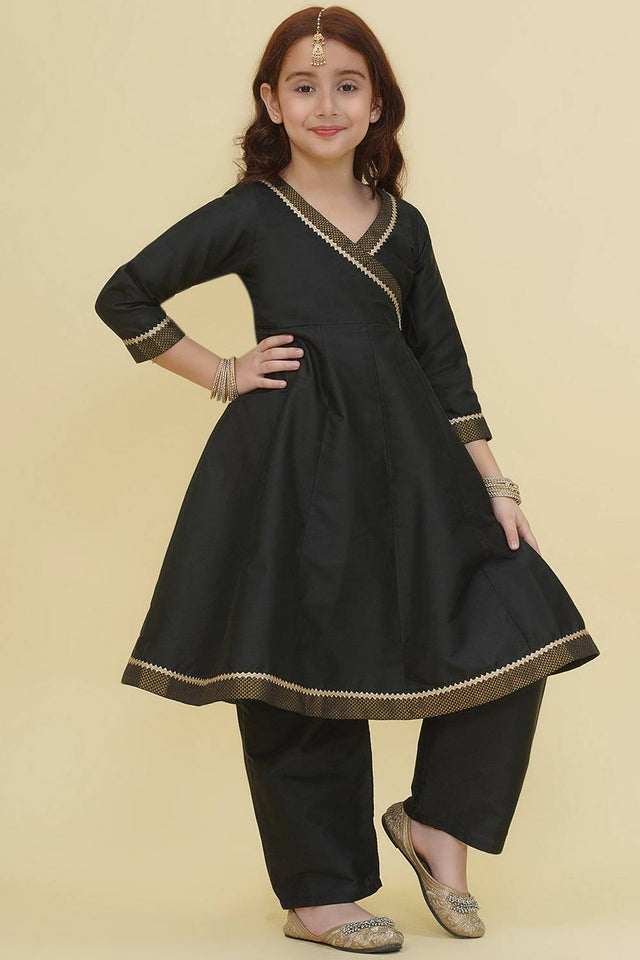 Girl's Black Solid Silk Kurta Set