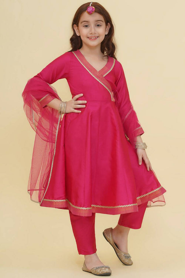 Girl's Pink Solid Silk Kurta Set