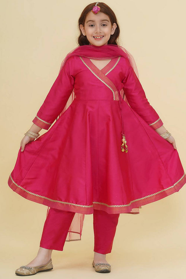 Girl's Pink Solid Silk Kurta Set