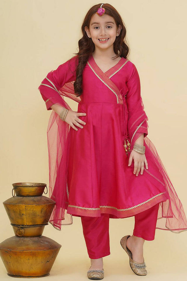 Girl's Pink Solid Silk Kurta Set