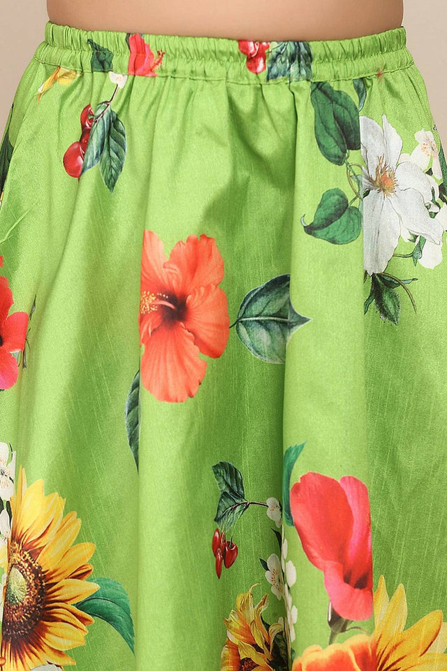 Girl's Green Floral Printed Silk Lehenga