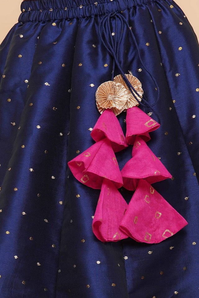 Girl's Navy Blue Foil Printed Silk Lehenga