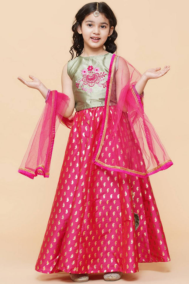 Girl's Pink Foil Printed Silk Lehenga