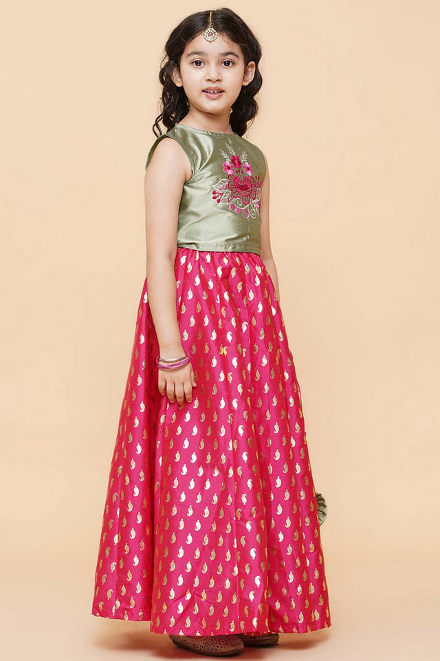 Girl's Pink Foil Printed Silk Lehenga