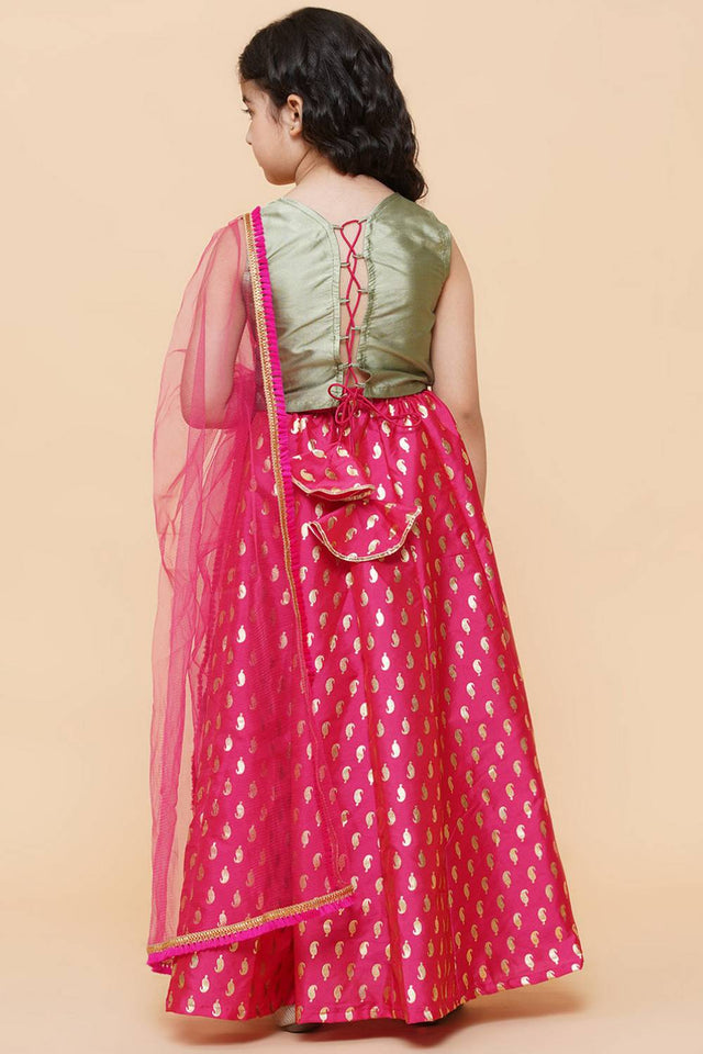 Girl's Pink Foil Printed Silk Lehenga