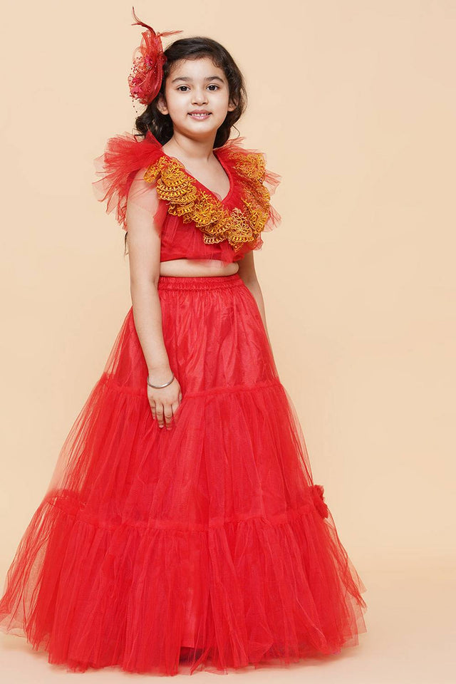 Girl's Red Embroidered Net Lehenga