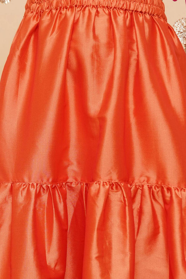 Girl's Orange Solid Silk Lehenga