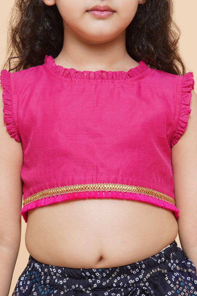 Girl's Navy Blue Bandhani Printed Silk Lehenga