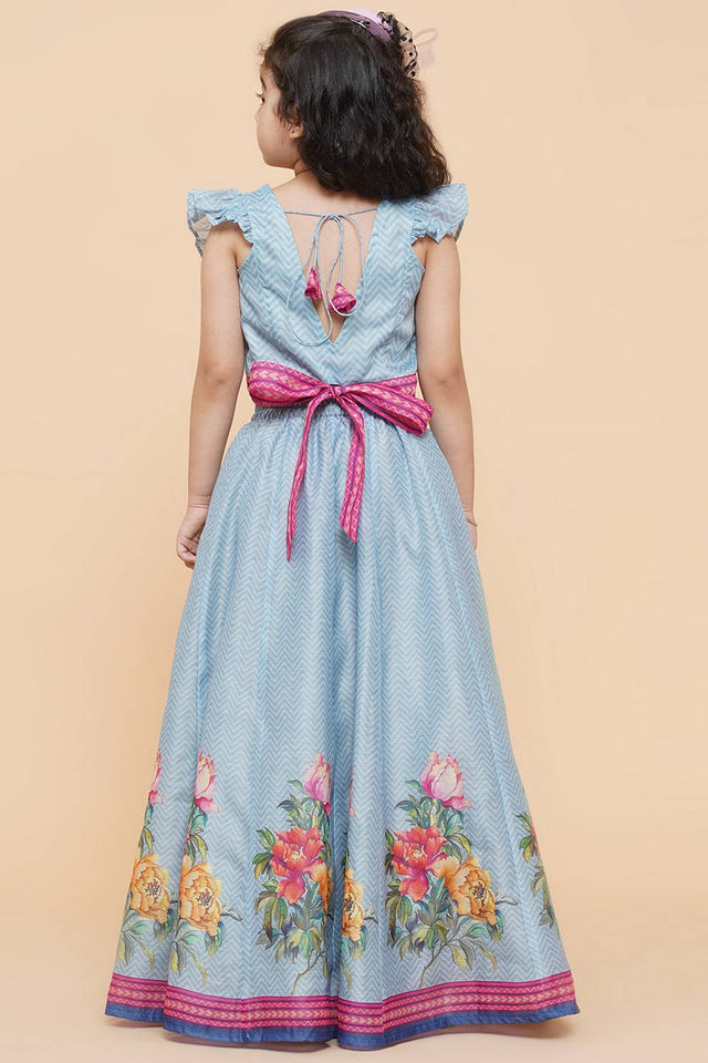 Girl's Blue Zig Zag Flower Digital Printed Silk Lehenga