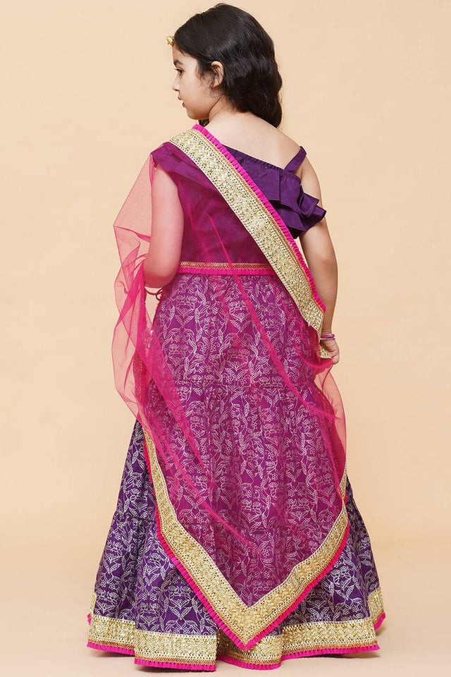 Girl's Violet Printed Silk Lehenga