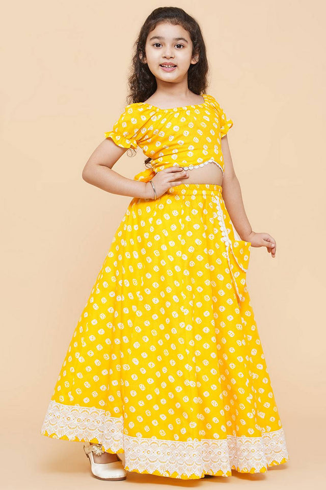Girl's Yellow Printed Cotton Lehenga