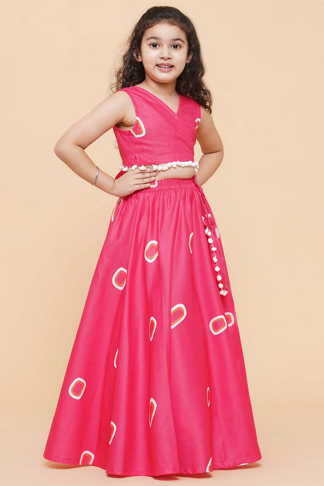 Girl's Pink Gometric Printed Cotton Lehenga