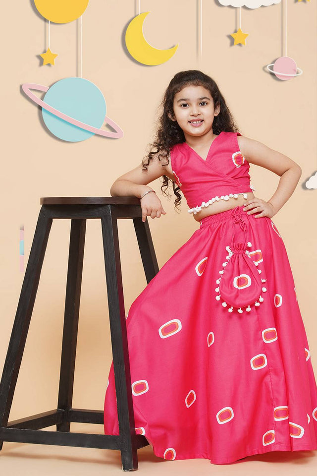 Girl's Pink Gometric Printed Cotton Lehenga