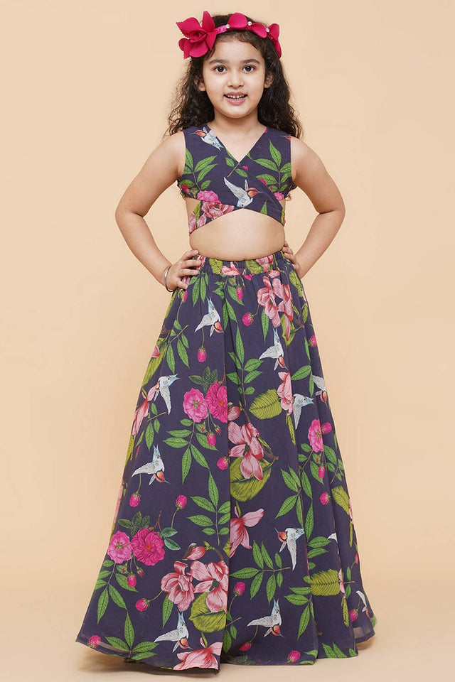 Girl's Blue Floral Printed Georgette Lehenga