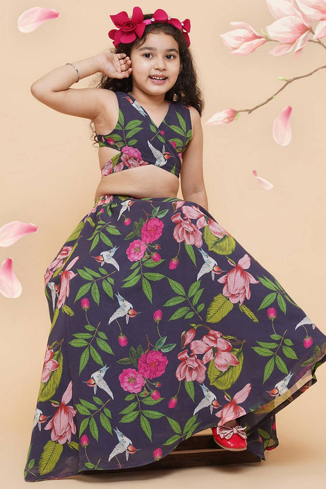 Girl's Blue Floral Printed Georgette Lehenga