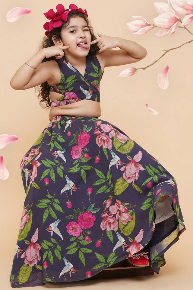 Girl's Blue Floral Printed Georgette Lehenga