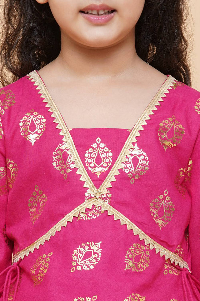 Girl's Pink Foil Printed Cotton Lehenga