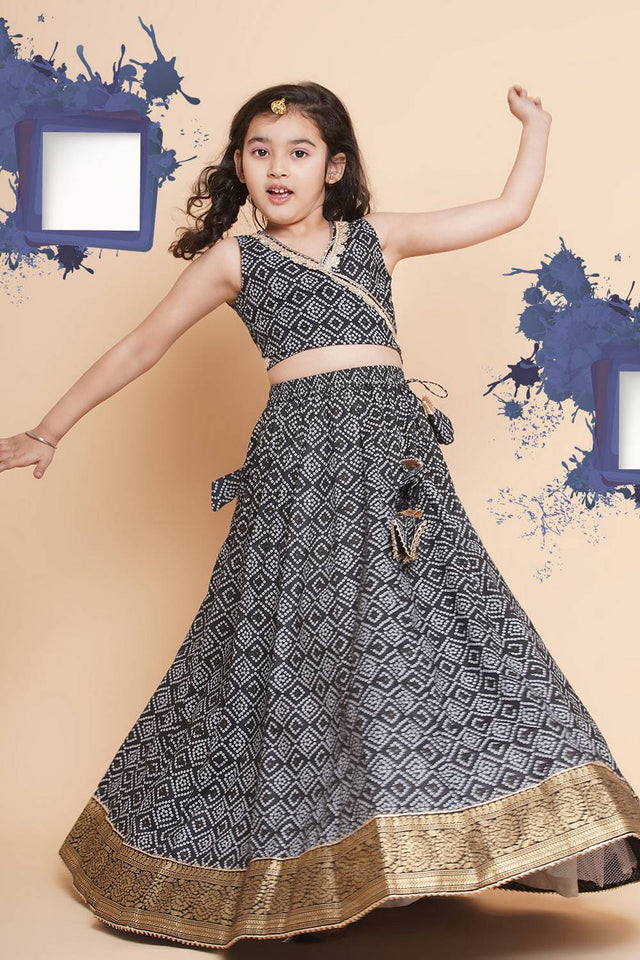 Girl's Black Bandhani Printed Cotton Lehenga