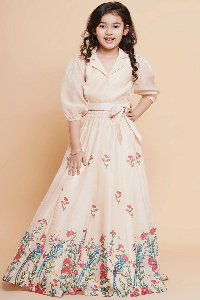 Girl's Beige Floral Printed Silk Lehenga