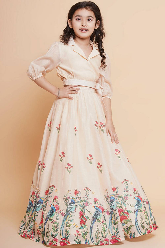 Girl's Beige Floral Printed Silk Lehenga