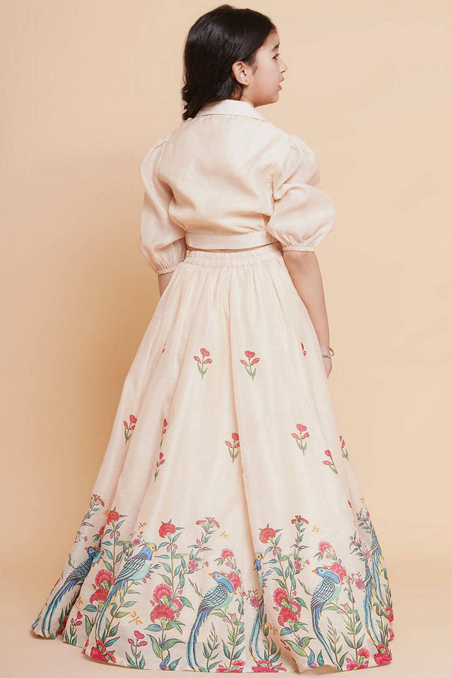Girl's Beige Floral Printed Silk Lehenga