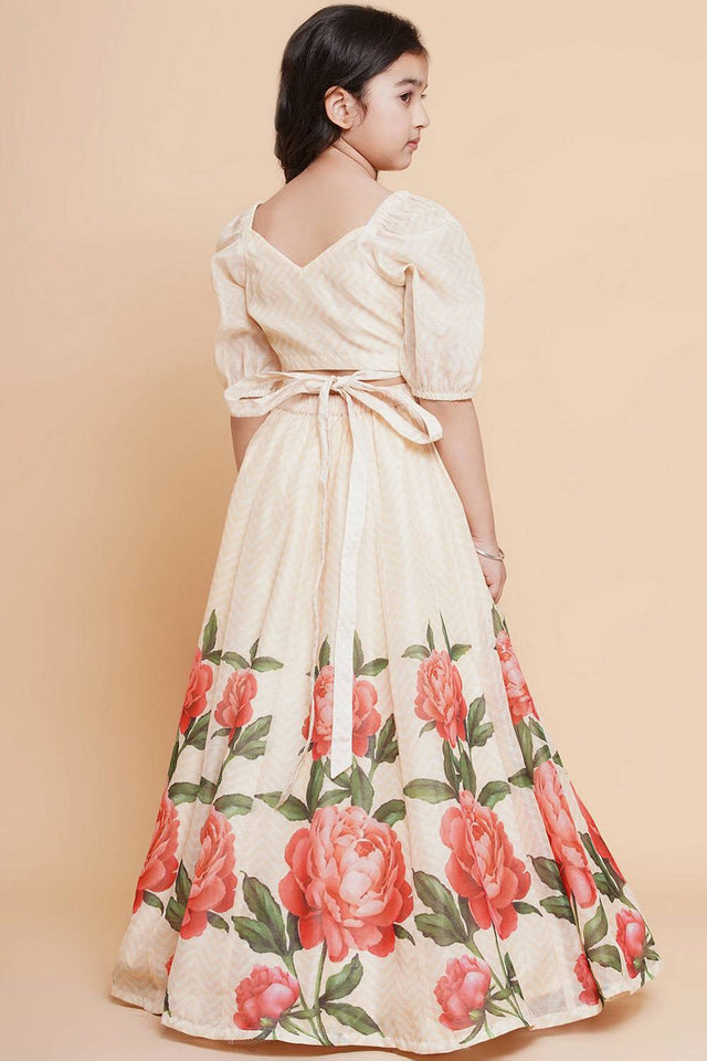 Girl's Beige Floral Printed Silk Lehenga